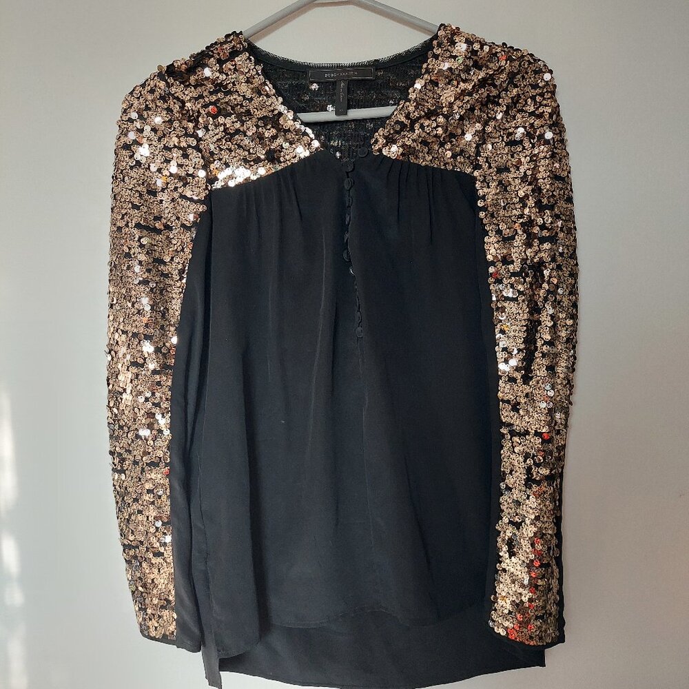 BCBGMAXAZRIA Women's Size XS 100% Silk Sequin Sleeve Blouse
